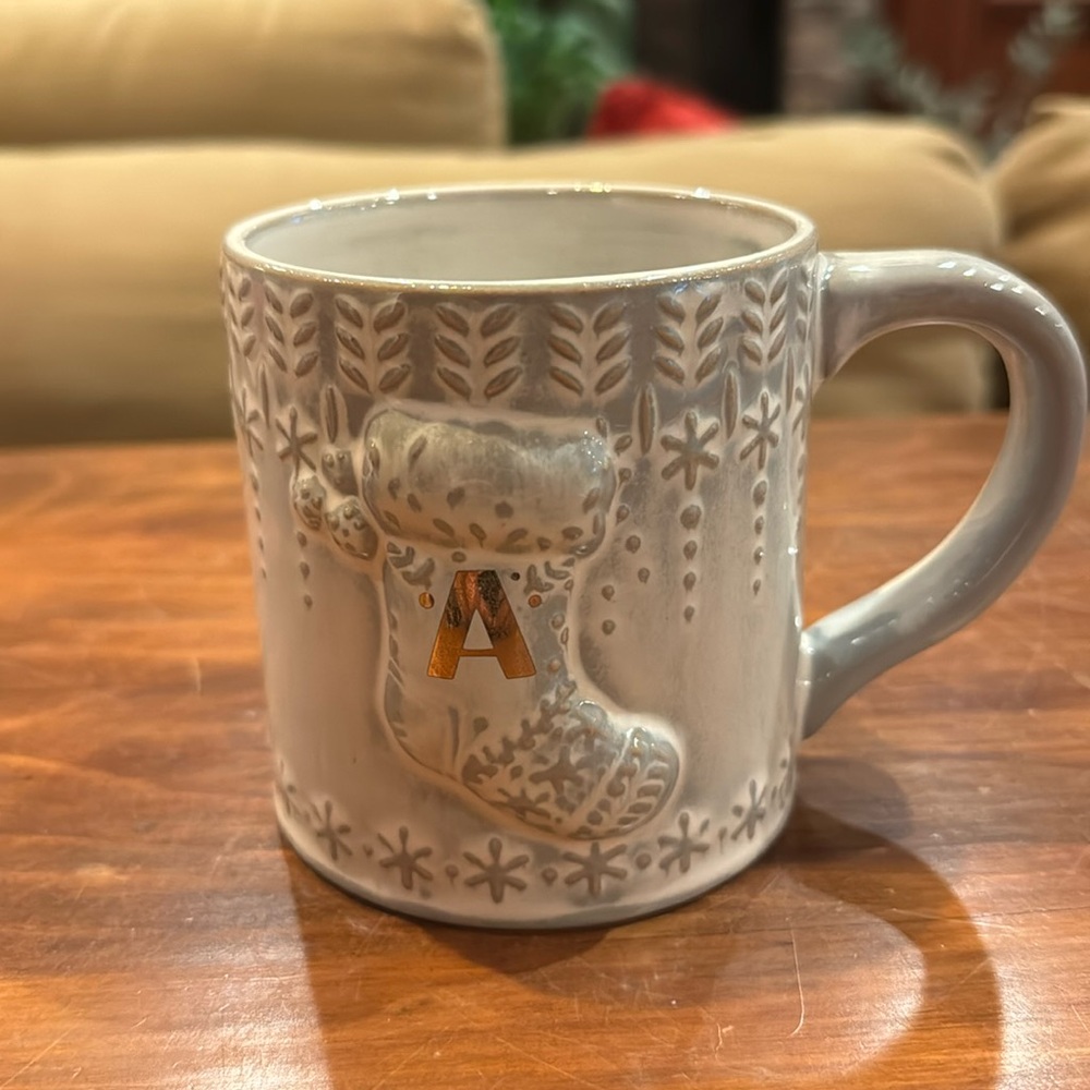 NWOT! Anthropologie A Initial Stocking Mug Winter Holiday Christmas Snowflake